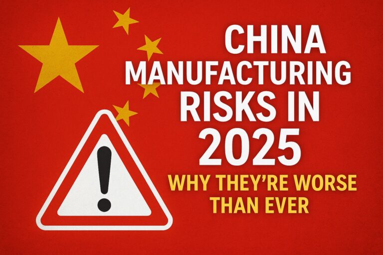 Red graphic with Chinese flag elements, a warning sign, and bold text reading: "China Manufacturing Risks in 2025: Why They're Worse Than Ever.