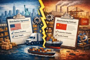 Illustration shows a split between U.S. distribution agreement and China manufacturing contract, with shipping containers, factories, and workers on each side.