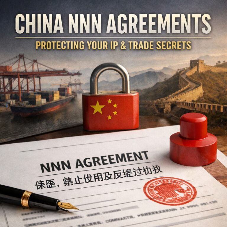 Image of a document labeled "NNN Agreement" with a red seal, a padlock featuring the Chinese flag, and a backdrop of shipping cranes and the Great Wall, symbolizing the importance of China NNN Agreements in international business.