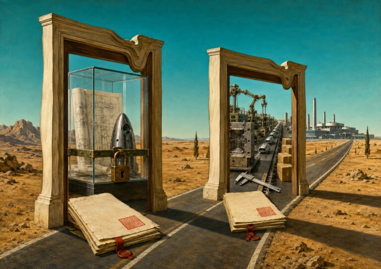 Two ornate door frames stand in a desert; one encloses blueprints and a rocket model, the other reveals a factory assembly line. Large sealed documents rest at the base of each frame.