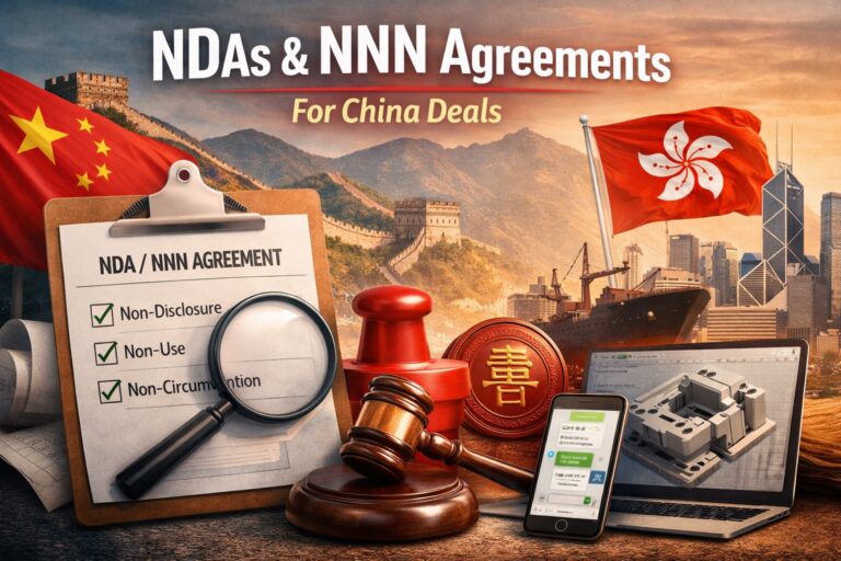 A display featuring China NNN Agreements and NDA documents, legal symbols, a phone, the Great Wall of China, and Chinese and Hong Kong flags, representing legal deals in China.
