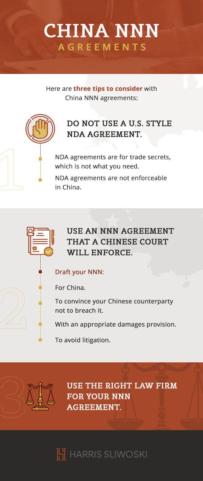 China NNN agreements. Here are three tips to consider with China NNN agreements: Do not use a U.S. style NDA agreement. NDA agreements are for trade secrets, which is not what you need. NDA agreements are not enforceable in China. Use an NNN agreement that a Chinese hourt will enforce. Draft your NNN. For China. To convince your Chinese counterrparty not to breach it. With appropriate damages provision. To avoid litigation. Use the right law firm for your NNN agreement.