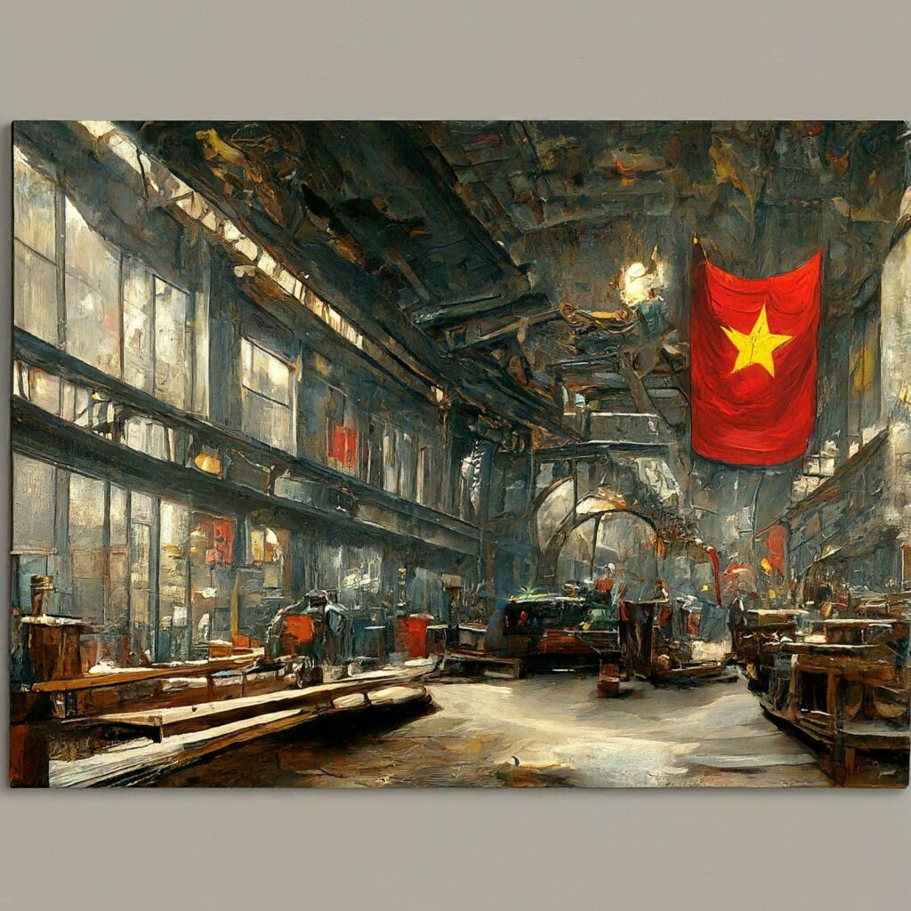 The image shows a large, dimly lit industrial workshop with machinery and workbenches. A red flag with a yellow star, indicative of a visit to a supplier in China, hangs prominently from the ceiling on the right side of the workshop.