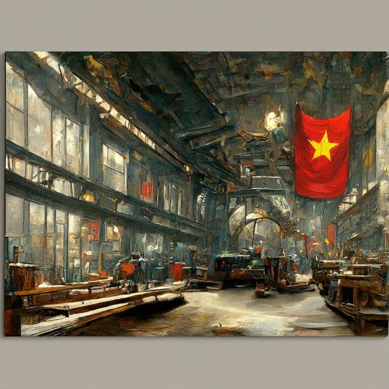图片显示的是一个光线昏暗的大型工业车间，车间内有机器和工作台。车间右侧的天花板上悬挂着一面带黄星的红旗，十分醒目，这面红旗代表着对中国供应商的访问。