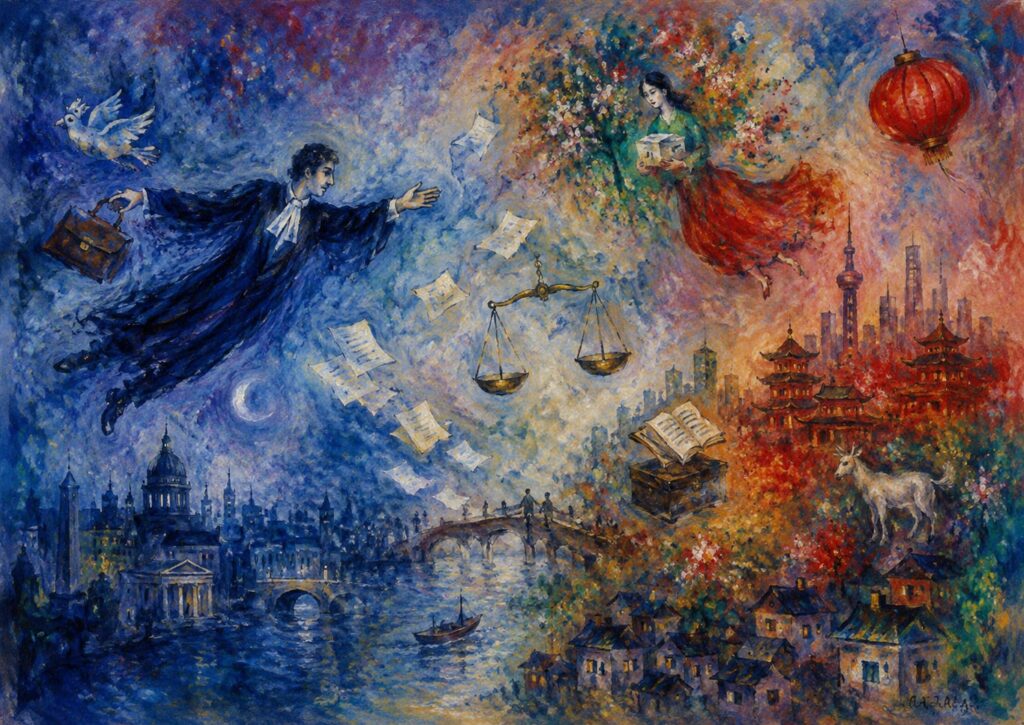 A surreal painting showing a man in black robes flying over a cityscape with papers and scales, facing a woman in red above an Asian city with a goat, books, flowers, and a red lantern.