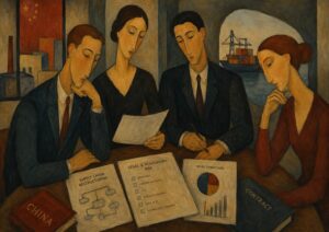 Four people sit at a table reviewing documents on supply chain restructuring, regulatory risks, and deal structure, with industrial and shipping scenes visible in the background.