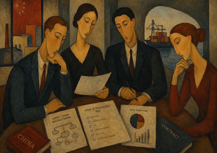 Four people sit at a table reviewing documents on supply chain restructuring, regulatory risks, and deal structure, with industrial and shipping scenes visible in the background.