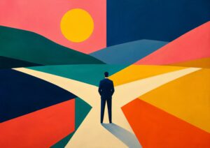 A person in a suit stands at a fork in the road in a colorful, abstract landscape with hills and a large yellow sun in the sky.