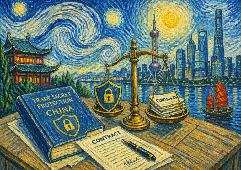 A desk with a trade secret protection book, contract papers, scales of justice, and a pen is set against a backdrop of traditional and modern Chinese buildings at night.