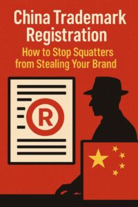 A poster about China trademark registration, featuring a registered trademark symbol, a Chinese flag, and the silhouette of a person in a hat. Text discusses stopping brand squatting.