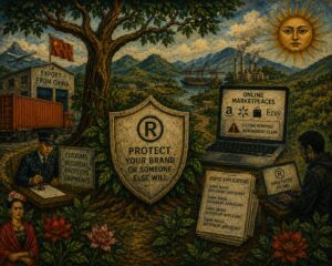 An oil painting depicting intellectual property protection, with elements of import/export, online marketplaces, and legal filings.