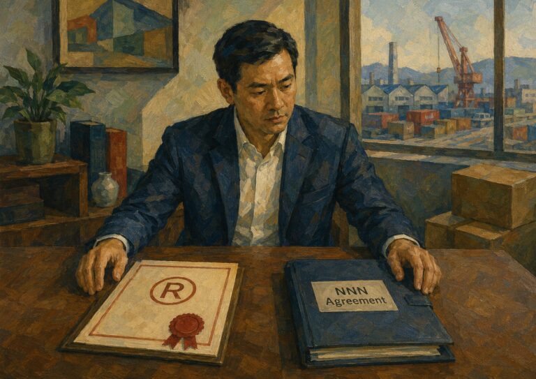 A man in a suit sits at a desk with a China trademark certificate on his left and a binder labeled “NNN Agreement” on his right. An industrial port is visible through the window behind him.