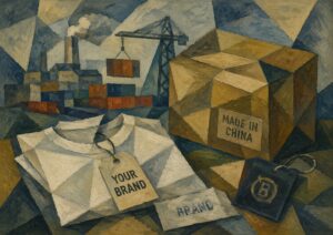 Cubist-style painting of a factory, crane, shipping containers, large box labeled "Made in China," blank T-shirts with "Your Brand" tags, and a black shopping bag on a geometric background.