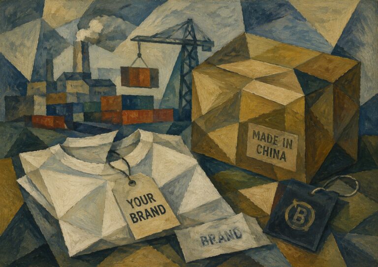 Cubist-style painting of a factory, crane, shipping containers, large box labeled "Made in China," blank T-shirts with "Your Brand" tags, and a black shopping bag on a geometric background.