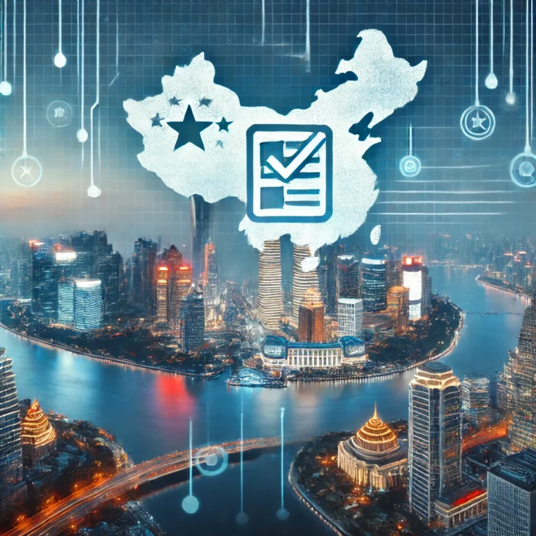 Digital illustration of a cityscape with a glowing map of China and a checkmark icon, symbolizing China company compliance issues