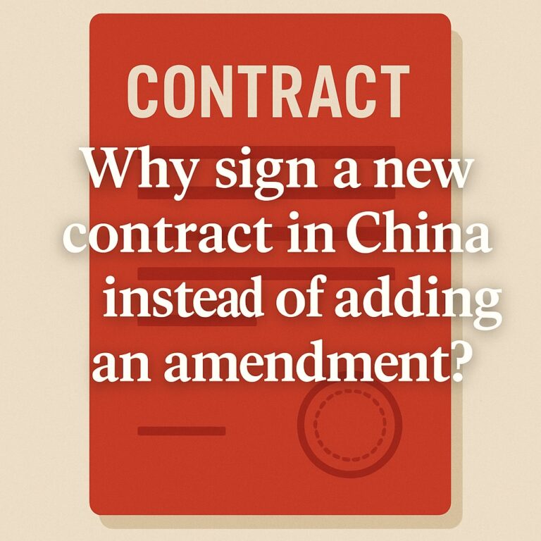 A red contract document with the text: "Why sign a new contract in China instead of adding an amendment?" in large white letters.