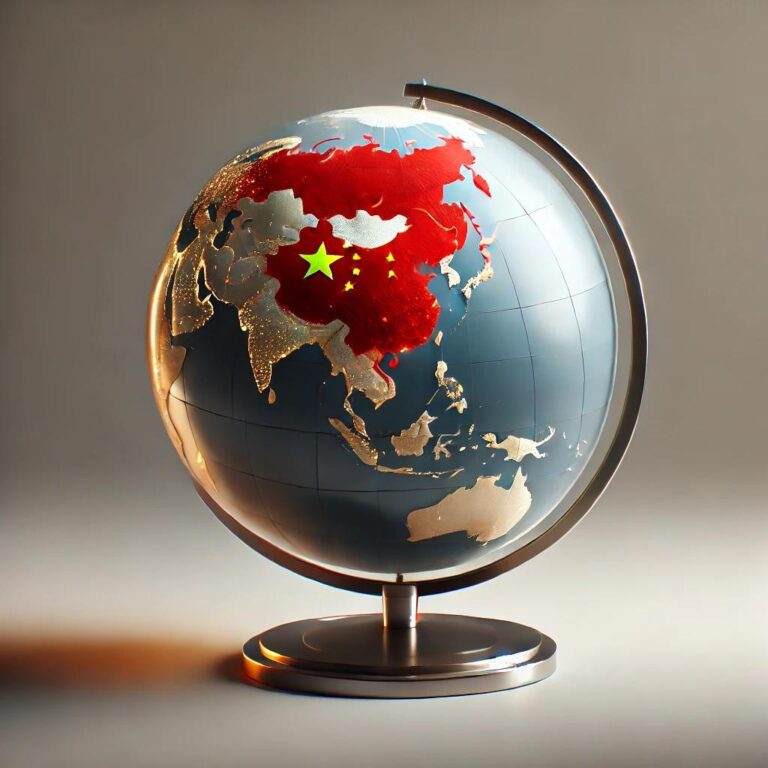 A globe focusing on Asia with China highlighted in red, featuring the national flag with yellow stars, underscores the significance of international business relations in the region.