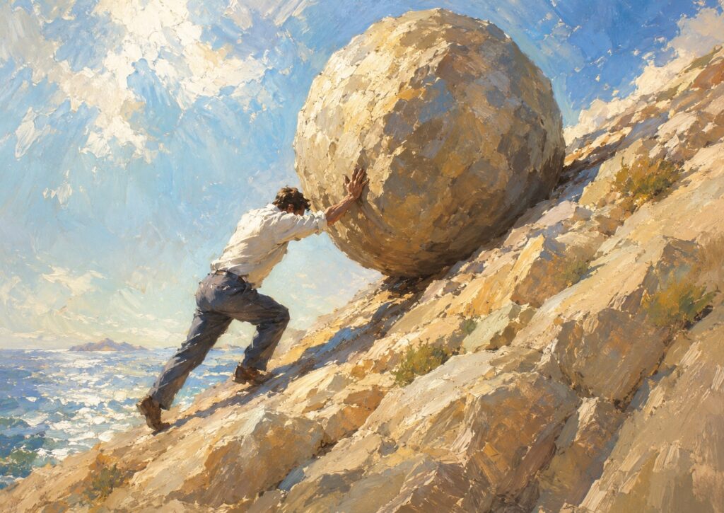 A man pushes a large boulder up a steep, rocky hill under a bright, partly cloudy sky, evoking a struggle or challenge.