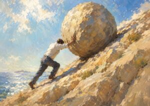 A man pushes a large boulder up a steep, rocky hill under a bright, partly cloudy sky, evoking a struggle or challenge.