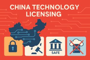 Infographic on China technology licensing, featuring a map of China with digital circuits, and icons for security, regulations, safety, and restricted cloud access.