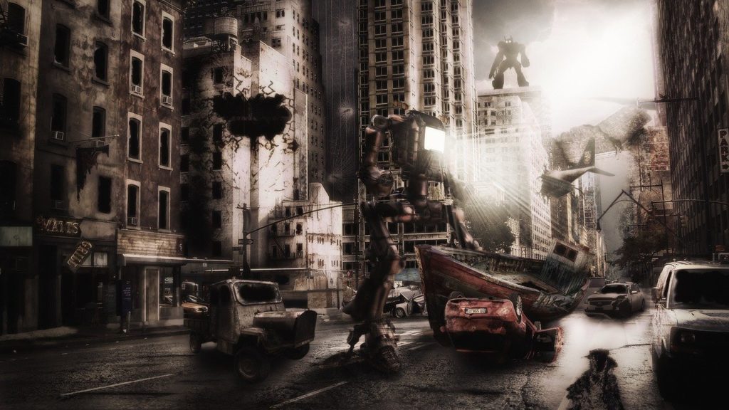 robots destroying a city