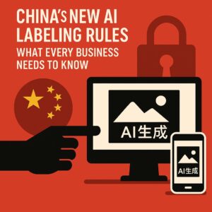 Illustration showing a hand pointing at a computer and a phone displaying an "AI generated" label, with a Chinese flag and a padlock in the background. Text reads: "China’s new AI labeling rules.