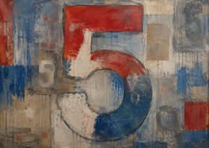 Large number five painted in red, white, and blue on a textured background with squares and rectangles in muted tones of blue, gray, beige, and white.