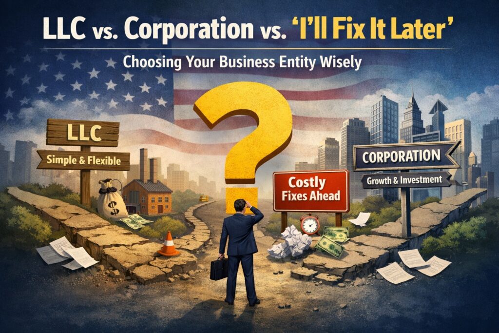 A businessperson stands at a forked road labeled LLC and Corporation, with a question mark and "Costly Fixes Ahead" sign, illustrating the importance of choosing the right business entity.