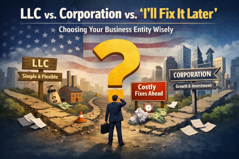 A businessperson stands at a forked road labeled LLC and Corporation, with a question mark and "Costly Fixes Ahead" sign, illustrating the importance of choosing the right business entity.