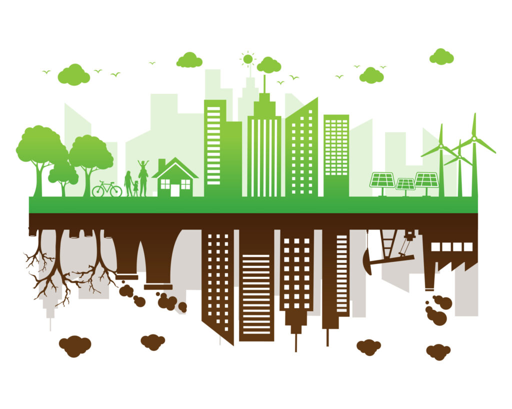 Ilustración que muestra una ciudad dual con un trazado ecológico de ciudad verde en la parte superior y una ciudad industrial contaminada debajo, separadas por tierra.