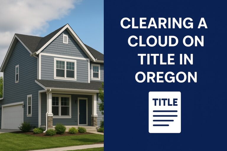 Two-story blue house next to a dark blue panel with the text "Clearing an Oregon cloud on title" and an icon of a document labeled "Title.