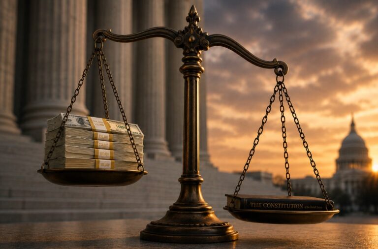 A balance scale with stacks of money on one side and a book labeled "The Constitution" on the other, set in front of government buildings at sunset.