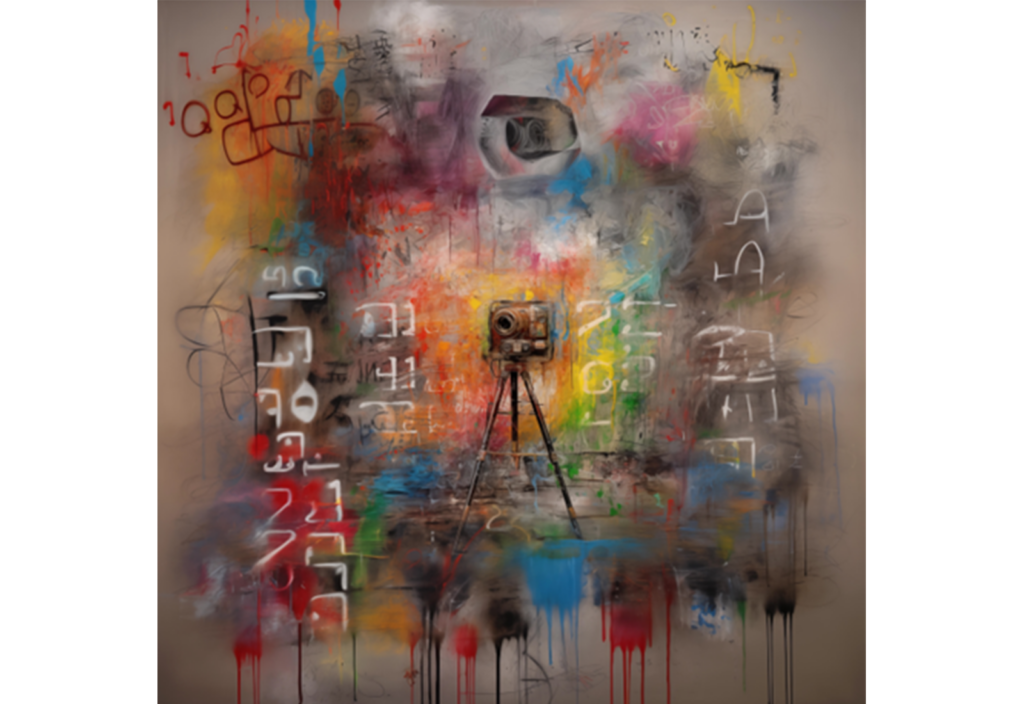 Abstract painting with vibrant colors and various shapes, featuring a camera on a tripod in the center. Surrounding the camera are numerous symbols, lines, and splatters of paint.