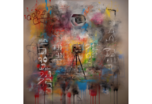 Abstract painting with vibrant colors and various shapes, featuring a camera on a tripod in the center. Surrounding the camera are numerous symbols, lines, and splatters of paint.