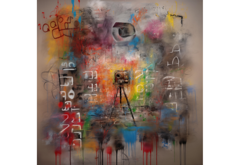 Abstract painting with vibrant colors and various shapes, featuring a camera on a tripod in the center. Surrounding the camera are numerous symbols, lines, and splatters of paint.