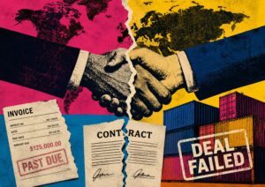 Two hands shaking over a torn contract, with an invoice marked "PAST DUE," shipping containers, and a "DEAL FAILED" stamp, representing a failed business agreement.
