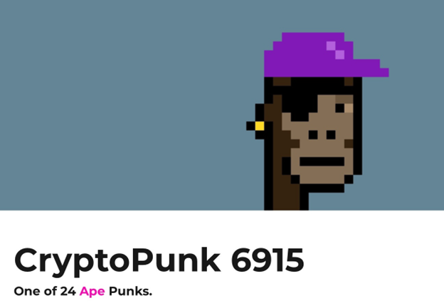 Pixel art of CryptoPunk 6915, featuring an ape with a purple hat and an earring, on a blue background.