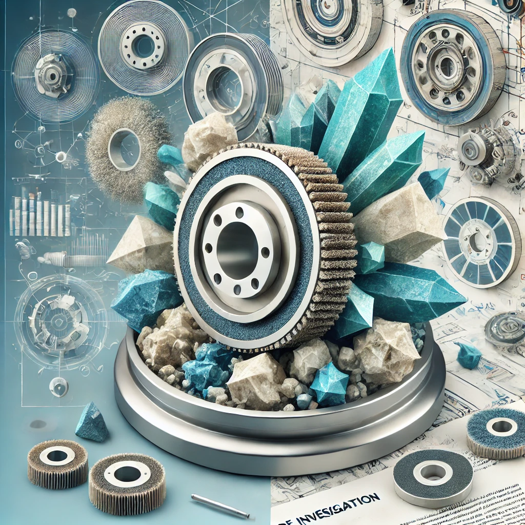 A futuristic mechanical design featuring rotating gears, blue crystals, and schematics in the background, with drafts and components scattered around.