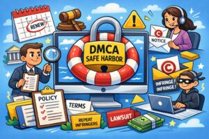 Illustration showing DMCA Compliance and safe harbor concepts with a large lock, policy documents, a computer, copyright symbols, a lawsuit, and people handling copyright notices and online infringements.