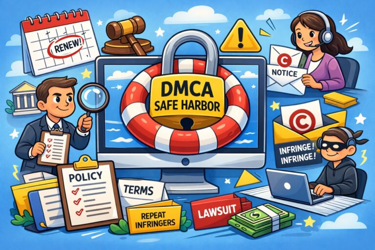Illustration showing DMCA Compliance and safe harbor concepts with a large lock, policy documents, a computer, copyright symbols, a lawsuit, and people handling copyright notices and online infringements.