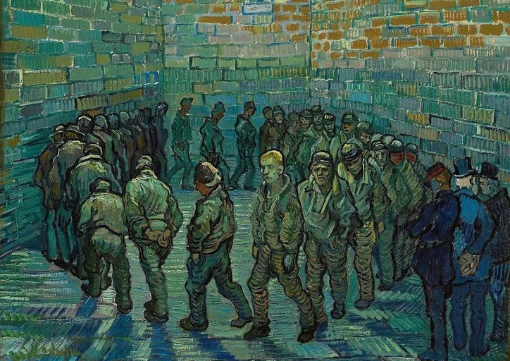 A group of prisoners walk in a circle in a brick-walled courtyard under supervision, depicted with vivid brushstrokes and muted colors, evoking a somber atmosphere akin to the uncertainties and DDP Shipping Risks faced when navigating intricate pathways.