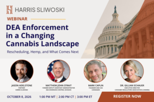 Webinar banner: “DEA Enforcement in a Changing Cannabis Landscape” with photos of four speakers, event date October 8, 2026, and times listed for multiple time zones.