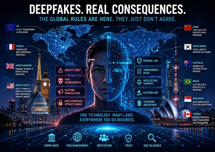 A split-image of a woman's face, half human and half digital, with a world map and various countries' deepfake regulations highlighted in text and icons behind her.