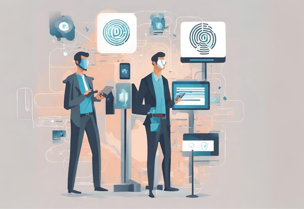 Dos hombres de negocios interactúan con interfaces digitales futuristas, que muestran gráficos de seguridad de datos y tecnología, en un entorno de oficina estilizado.