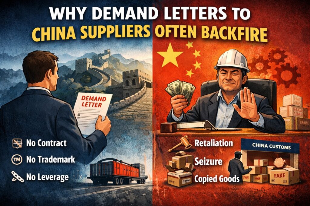 A man holding a demand letter faces China's Great Wall; on the right, a Chinese official rejects money beside symbols of retaliation, seizure, and copied goods, with warning icons below.