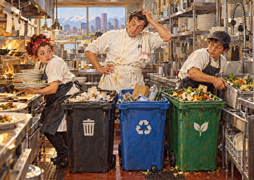 Three chefs in a busy kitchen stand behind black, blue, and green bins, helping the restaurant comply with Denver Waste No More recycling and composting requirements.