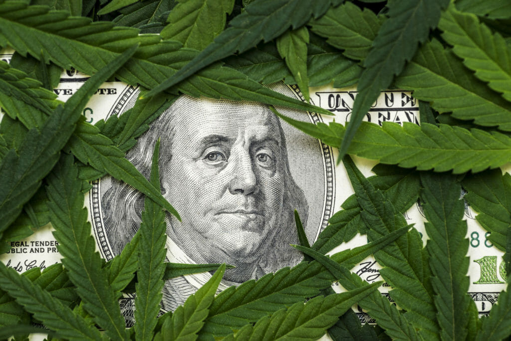 The face of Benjamin Franklin on the hundred dollar banknote among cannabis leaf
