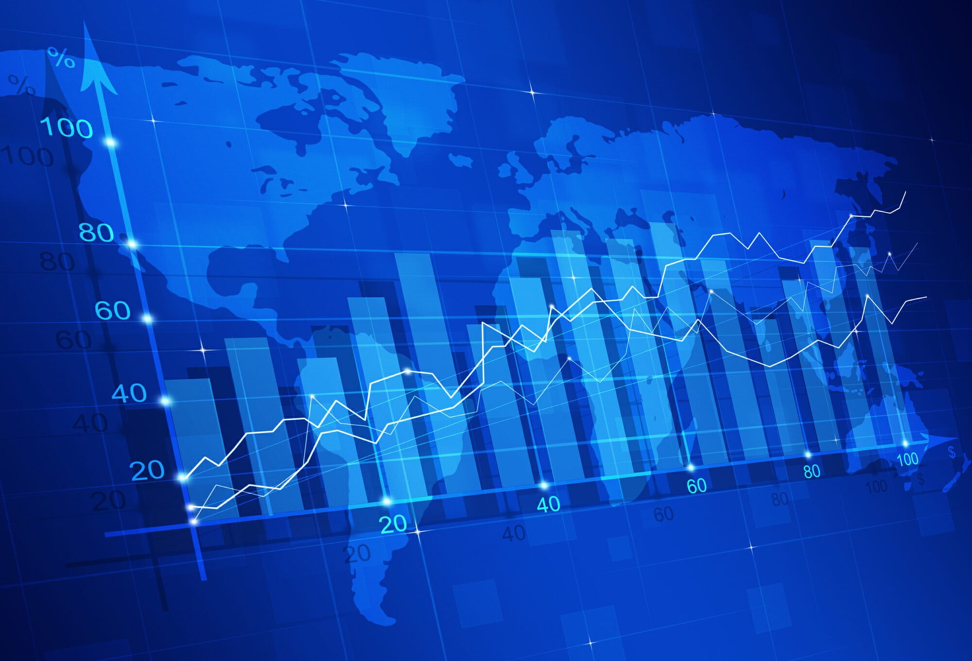 蓝色背景上显示全球资本市场趋势的图表。
