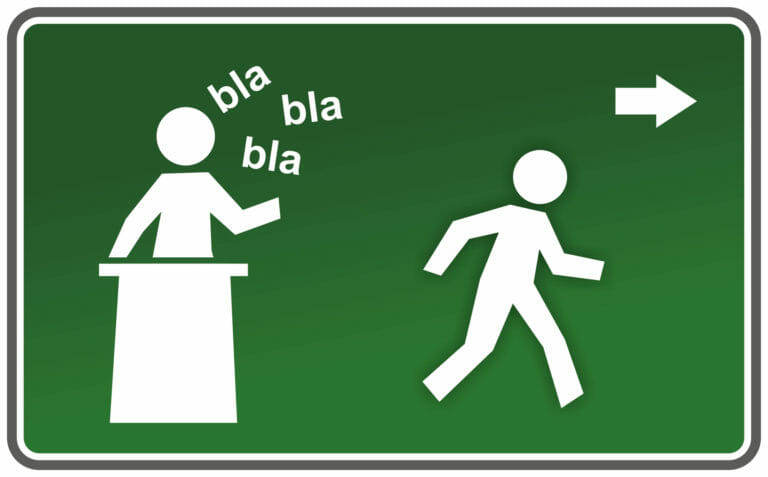 sign with boring speaker and escaping figure