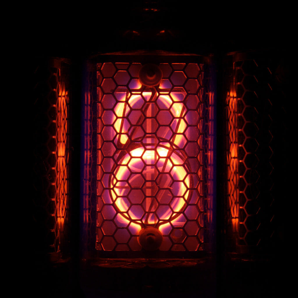 Neon number 8 glowing red with hexagonal gate over top